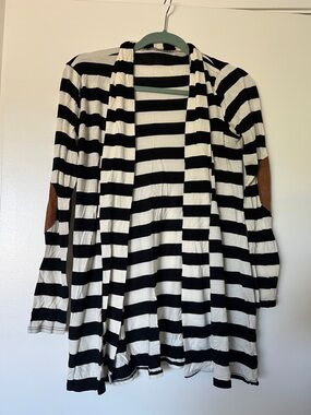 Striped Black and White Open-Front Cardigan with Brown Elbow Patches
